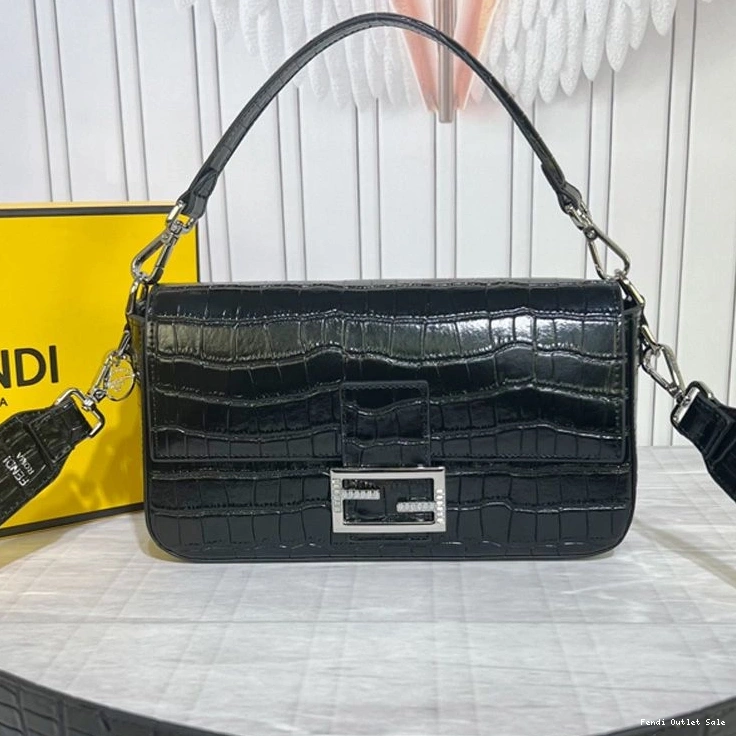 Cheap In Baguette Fendi Medium Black Leather Crocodile Tiffany Bag 0818